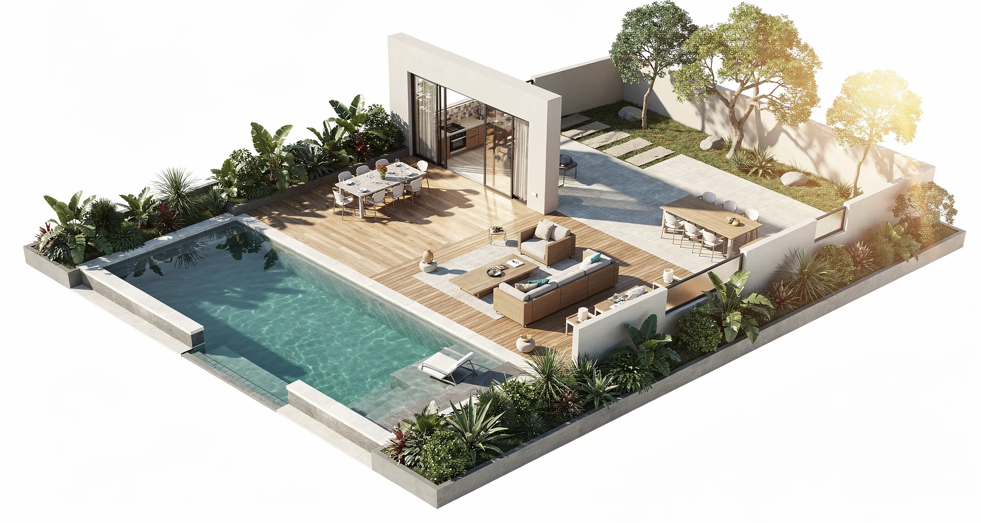 Architectural floor-plan schematic render showing spatial flow and terrace layout
