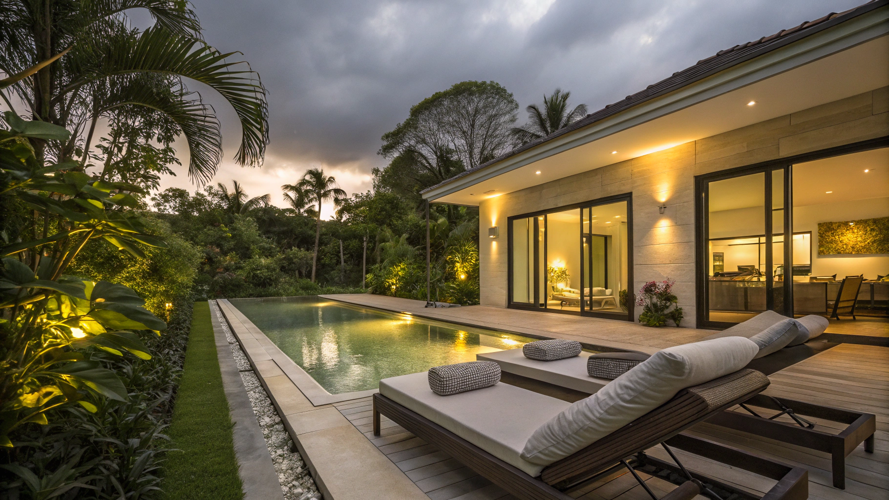 Luxury infinity swimming pool and sun loungers overlooking modern architecture