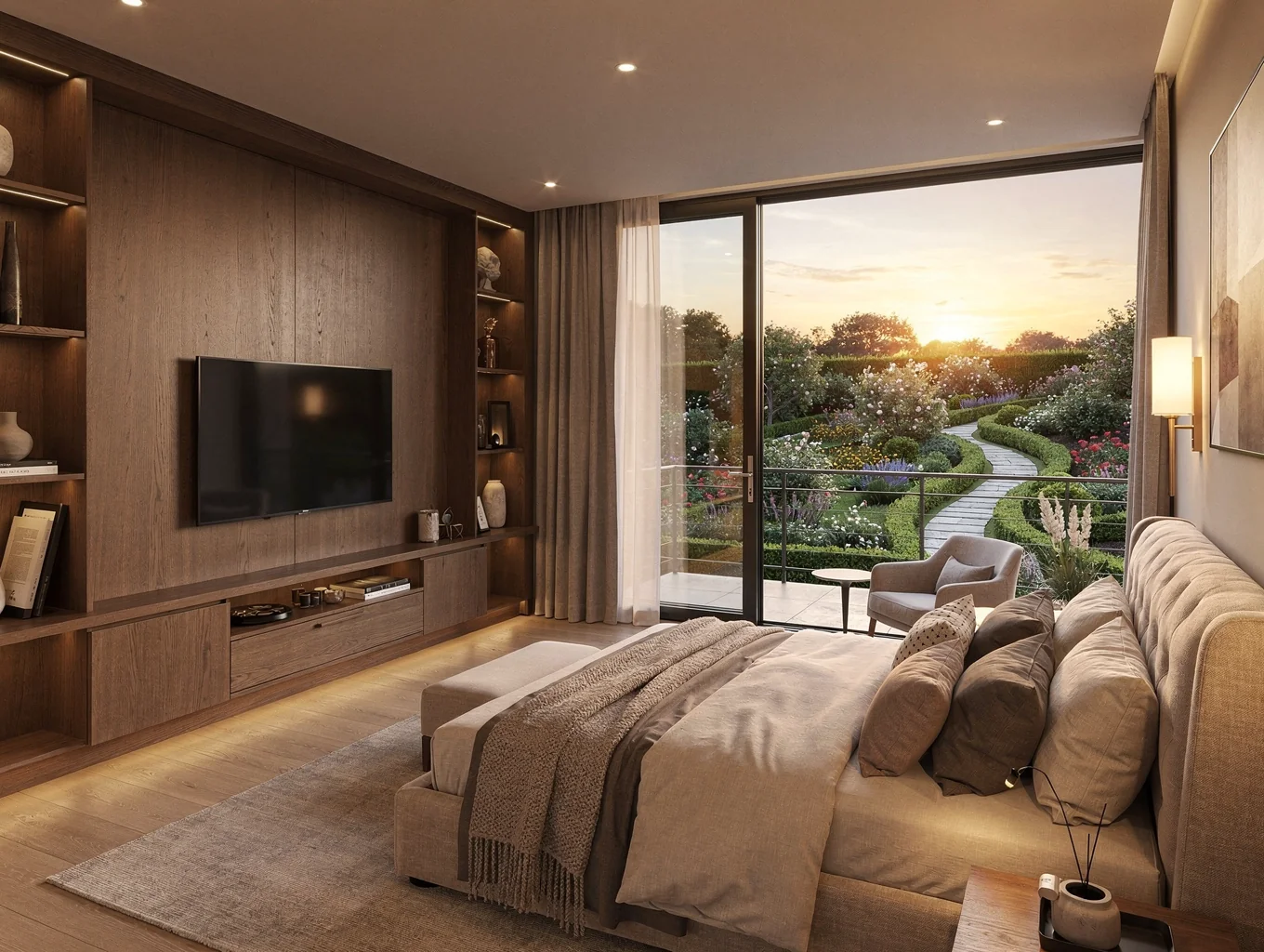 Master bedroom suite with panoramic windows and neutral textures