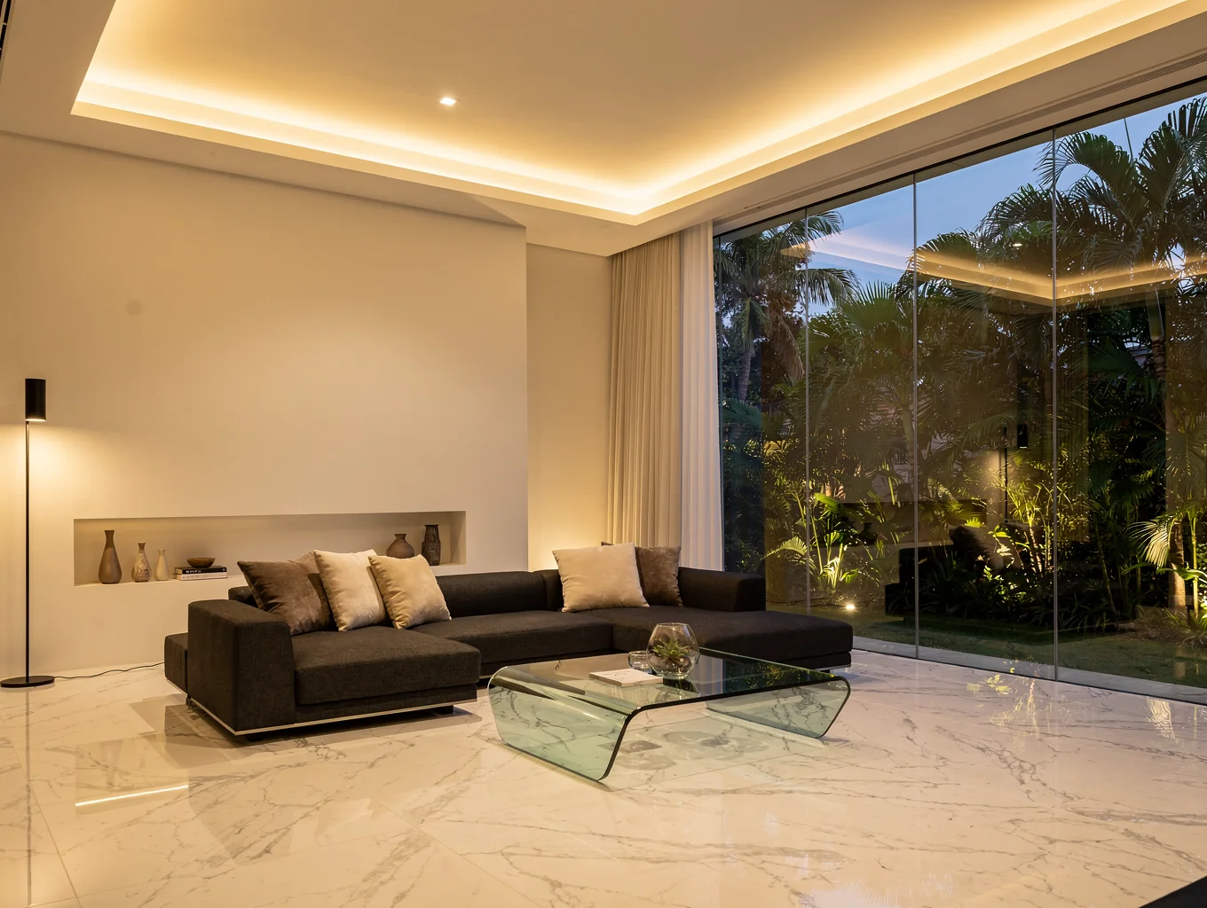 Expansive minimalist luxury living room with bespoke furniture
