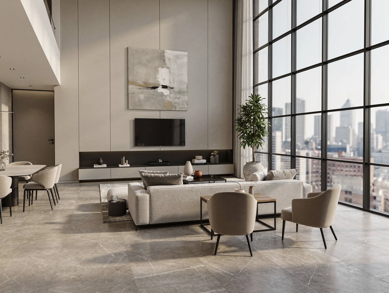 High-ceiling interior living lounge with contemporary furnishings