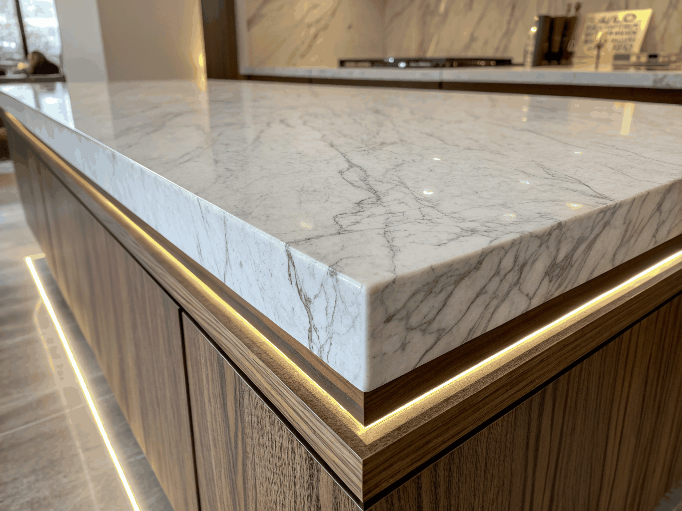 Refined concrete texture, dark wood louvers, and bespoke brass architectural accents