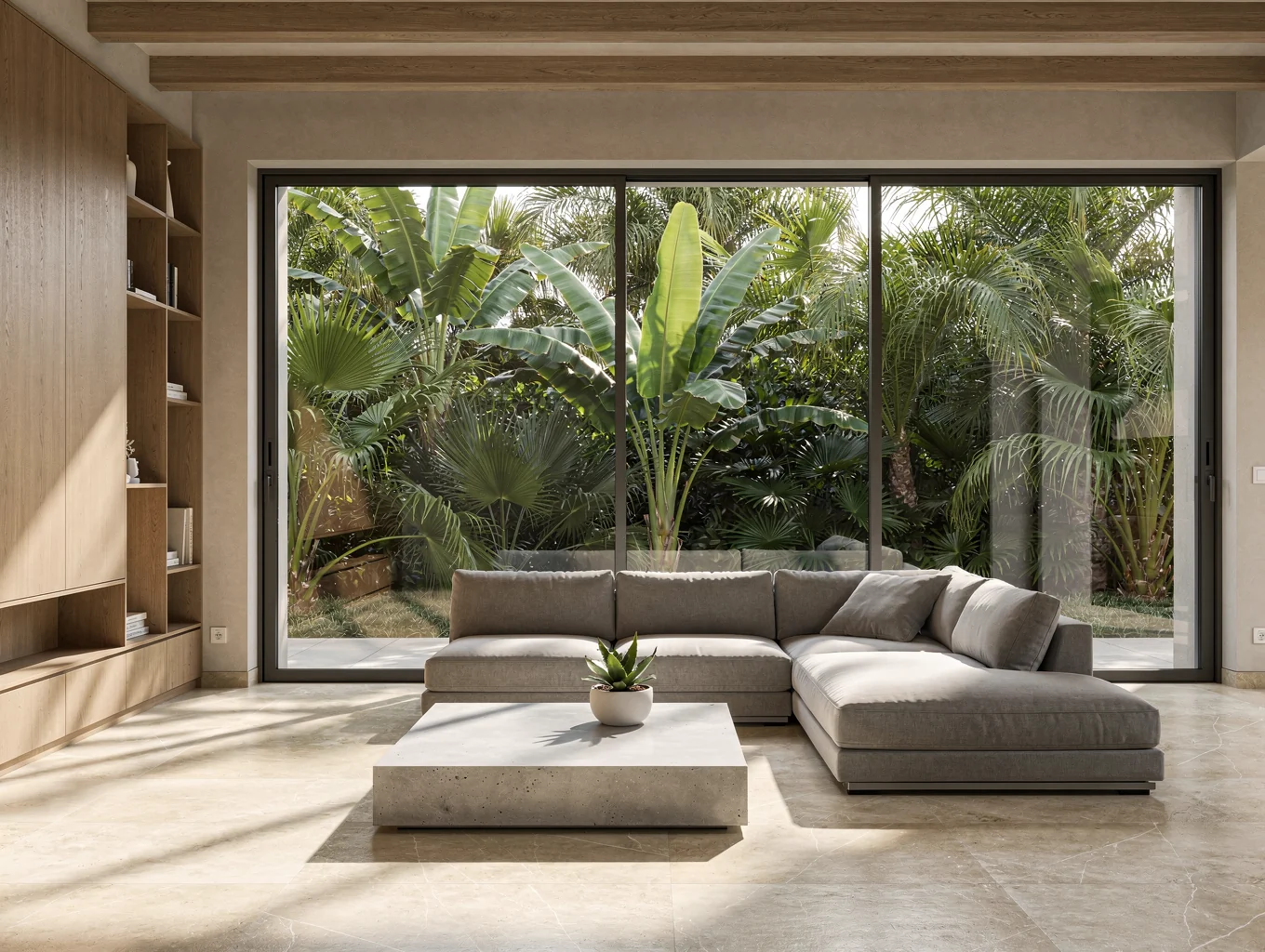 Minimalist open-plan living room with natural stone and tailored timber accents