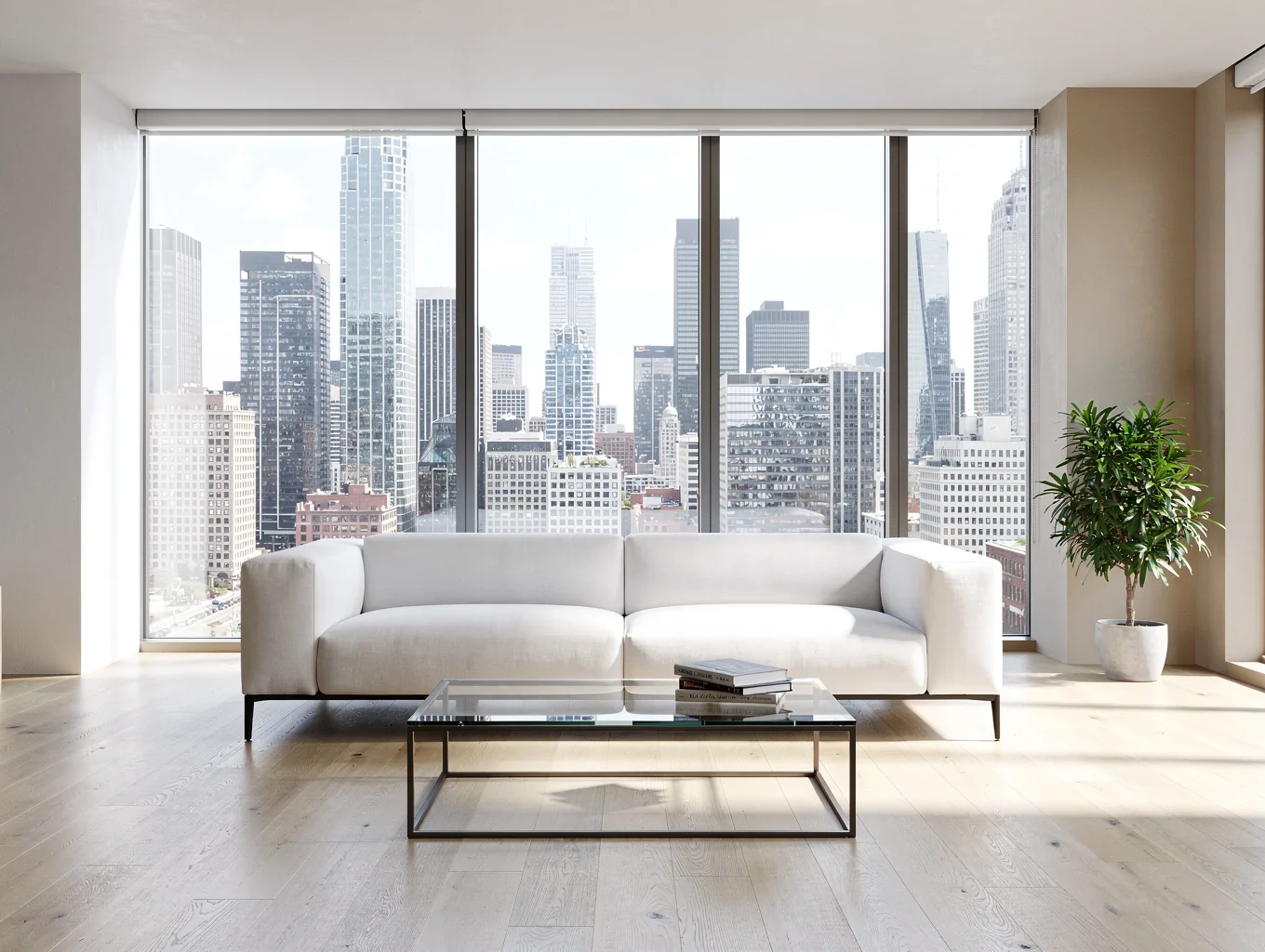 Spacious minimalist open-concept living area with floor-to-ceiling windows