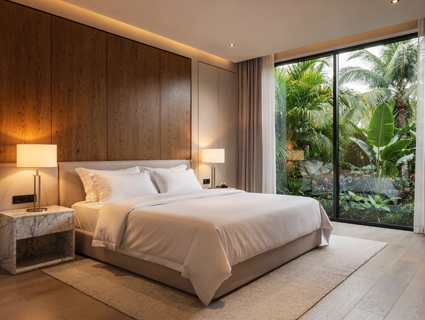 Luxury master bedroom suite overlooking lush sub-tropical landscaping
