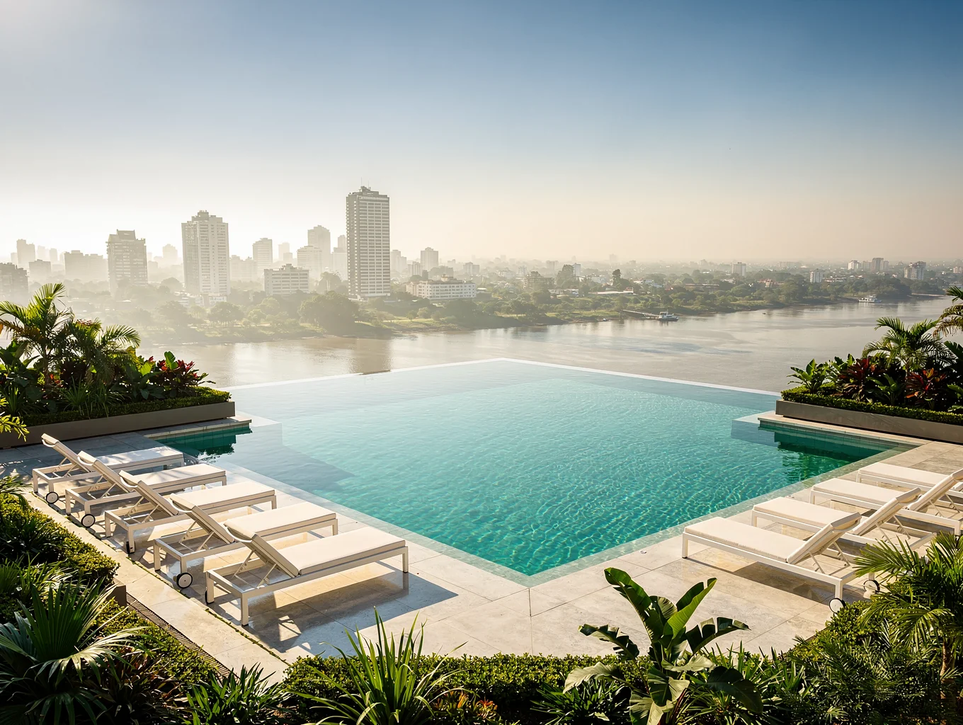 Resort-style infinity pool and travertine terrace at dusk