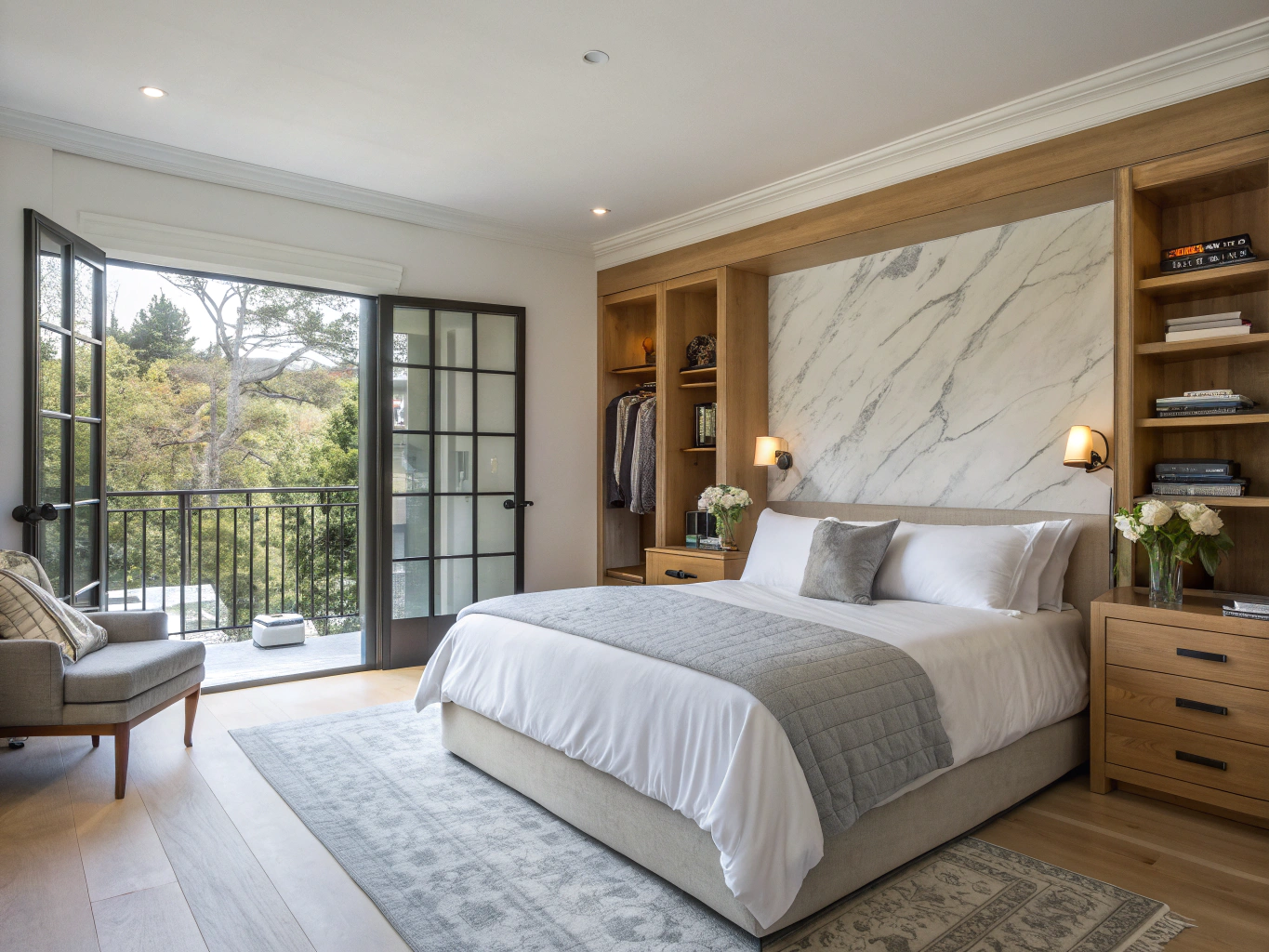 Spacious master bedroom suite overlooking landscaped residential canopies