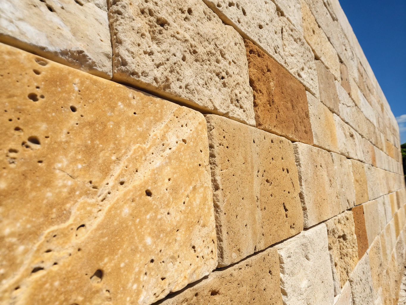 Macro detail of hand-finished fluted travertine and flush architectural joints