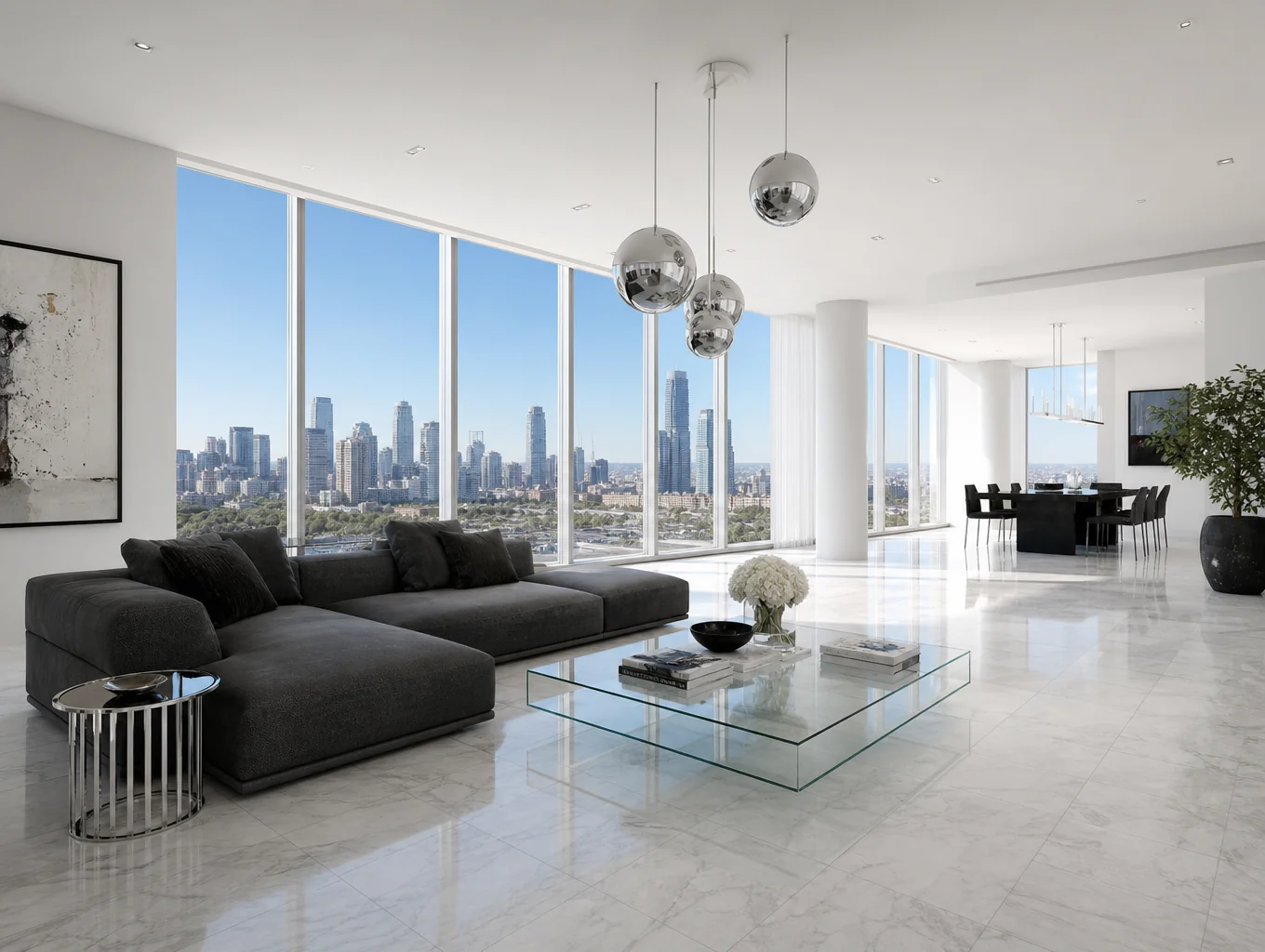 Double-height living space featuring minimalist natural stone and warm ambient lighting