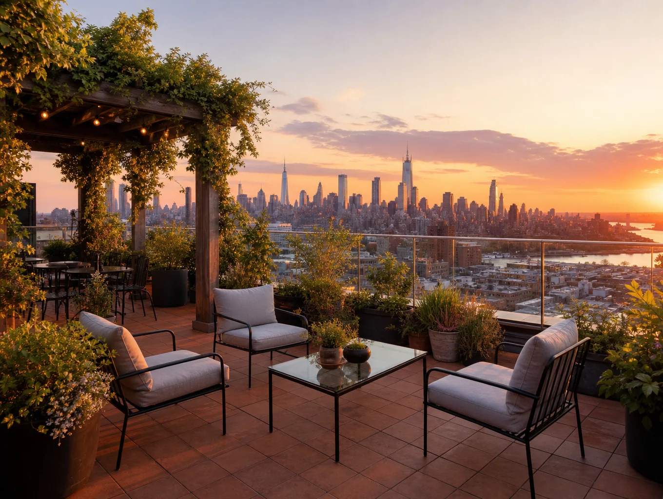 Rooftop terrace and pool lounge framed by deep architectural pergolas