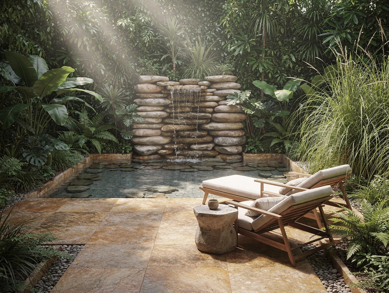 Private courtyard wellness area with stone water feature and tropical landscaping