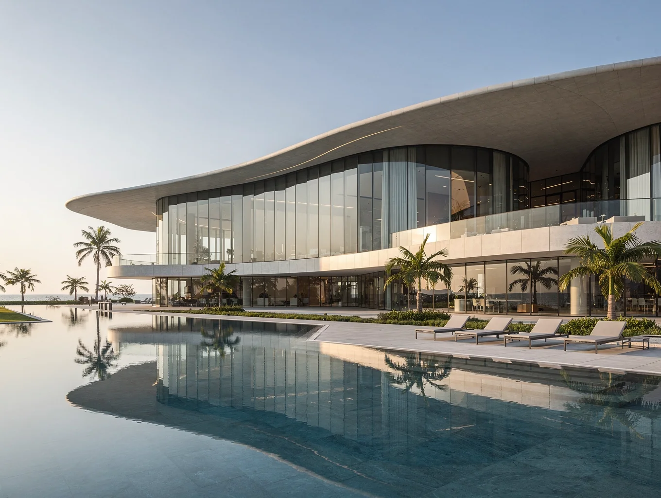 Sleek glass and concrete exterior render of Oracle Pavilion development